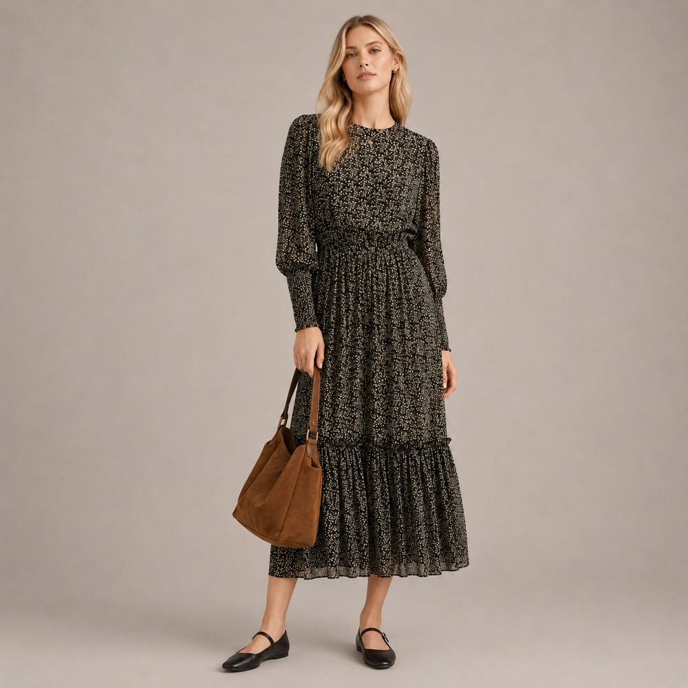 Maple & Cliff Floral Maxi Dress Smocked Sleeve Puffed Shoulder Black Brown XXS